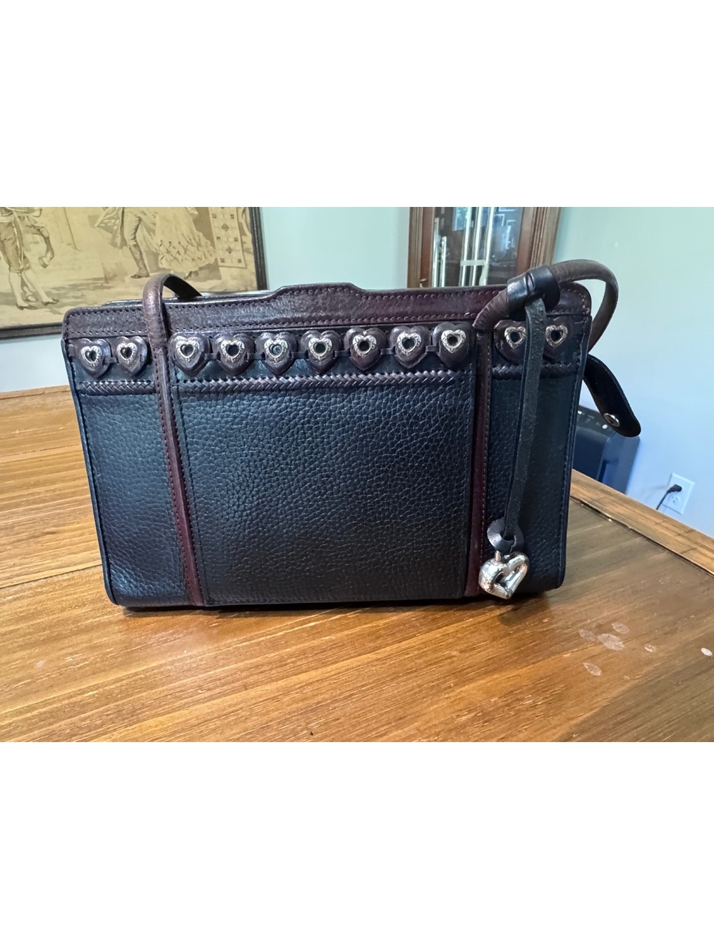 Brighton Black Leather Shoulder Bag Brown Trim Heart Hardware Organizer Purse